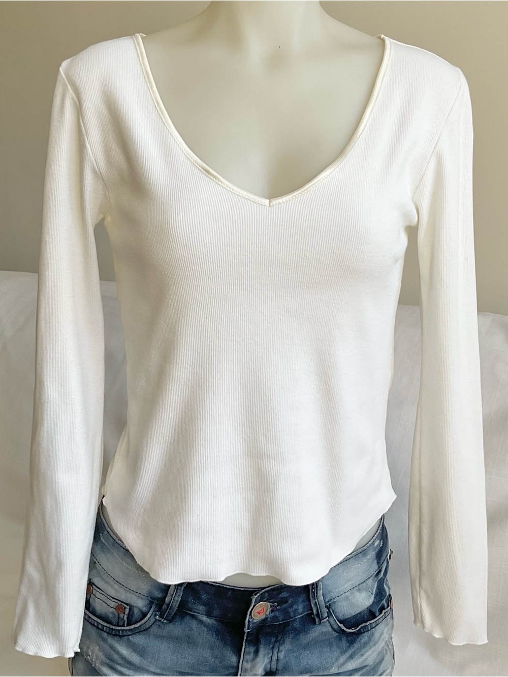 Vintage Ralph Lauren Polo | Ribbed Long Sleeve Satin Trim Top | M